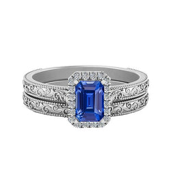 Ensemble de bagues de mariage Halo Saphir bleu émeraude 2.50 Carats Style antique