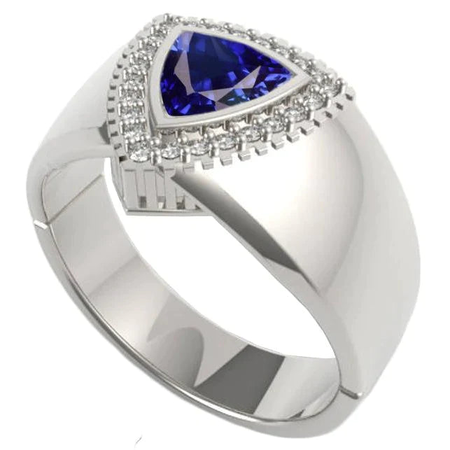 Gents Ring Ceylan Sapphire Diamond Jewelry Trillion Bezel Set 2 Carats
