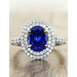 Grande bague ovale en diamant saphir bleu du Sri Lanka en or blanc de 4.55 ct 14K