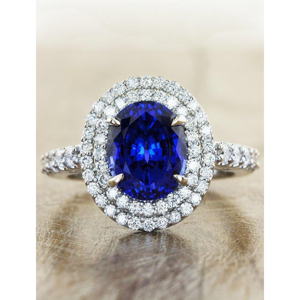 Grande bague ovale en diamant saphir bleu du Sri Lanka en or blanc de 4.55 ct 14K - HarryChadEnt.FR
