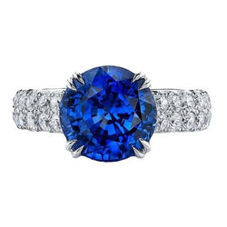 Grosse Bague Diamant Rond Saphir Bleu Véritable 6 Carats Sertie De Griffes Or