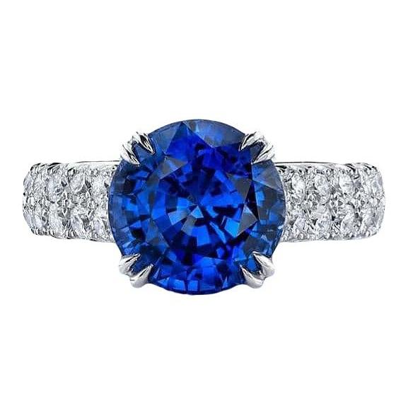 Grosse Bague Diamant Rond Saphir Bleu Véritable 6 Carats Sertie De Griffes Or - HarryChadEnt.FR