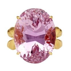 Grosse bague en pierres précieuses de Kunzite rose taille ovale 30 ct. Or Jaune 14K