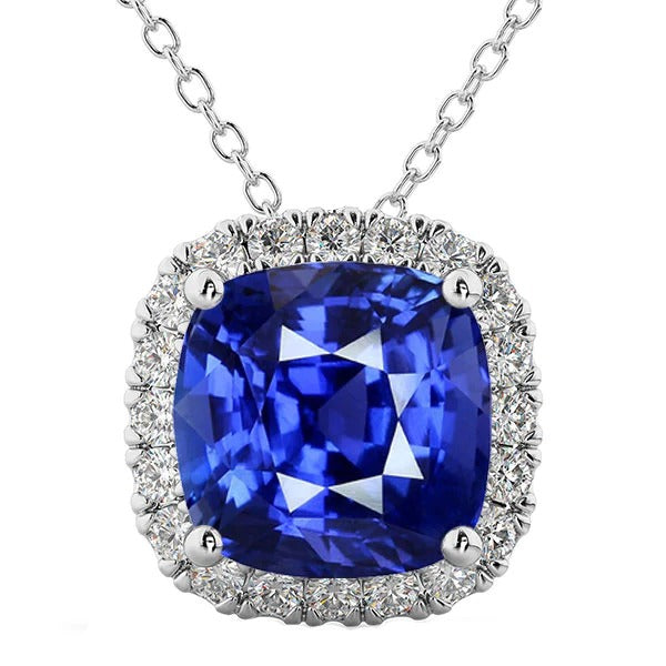 Halo Cushion Blue Sapphire & Diamond Pendant Bijoux 10.75 quilates