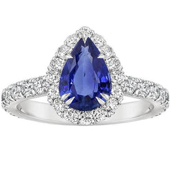 Halo Diamond Gemstone Ring Pear Ceylan Sapphire Claw Griff Set 6 Carat