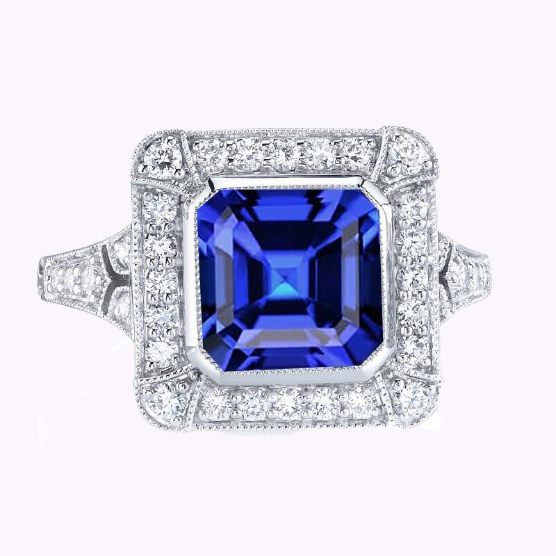 Halo Diamond Sapphire Ring Asscher Bezel Set Millgrain Shank 4 Carats - HarryChadEnt.FR