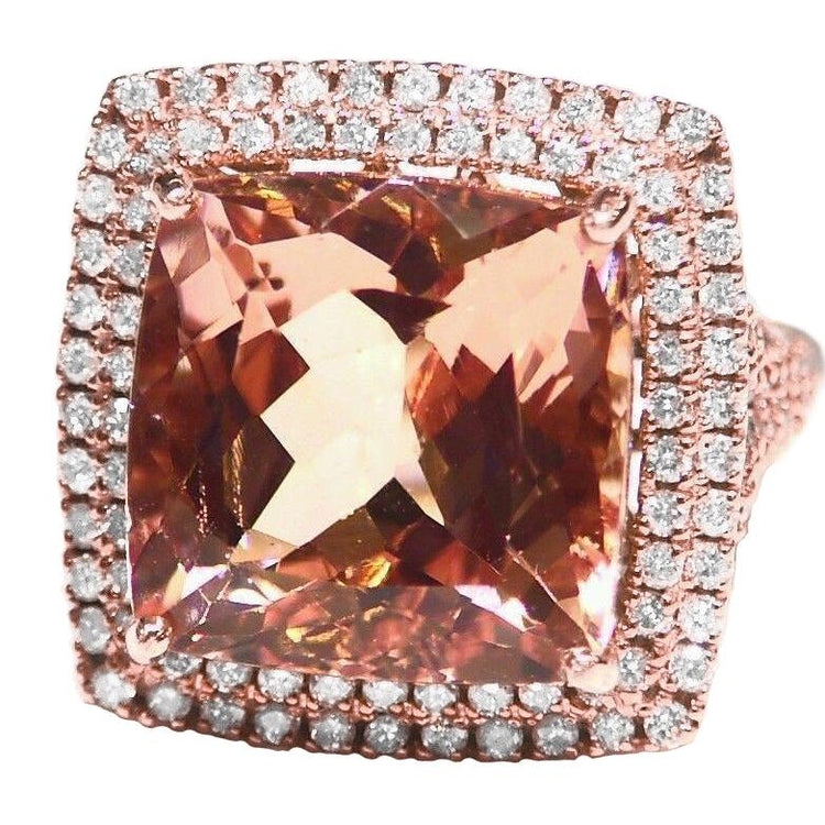 Halo Morganite 12.75 Carats Bague de mariage sertie de griffes en or rose 14K - HarryChadEnt.FR