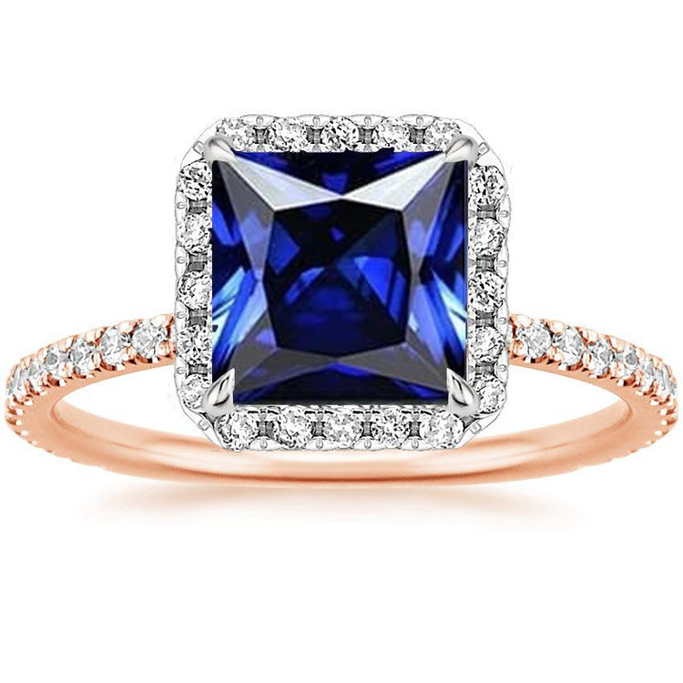 Halo Princess Sapphire Ring Two Tone Pave Diamond Accents 6.25 Carats - HarryChadEnt.FR