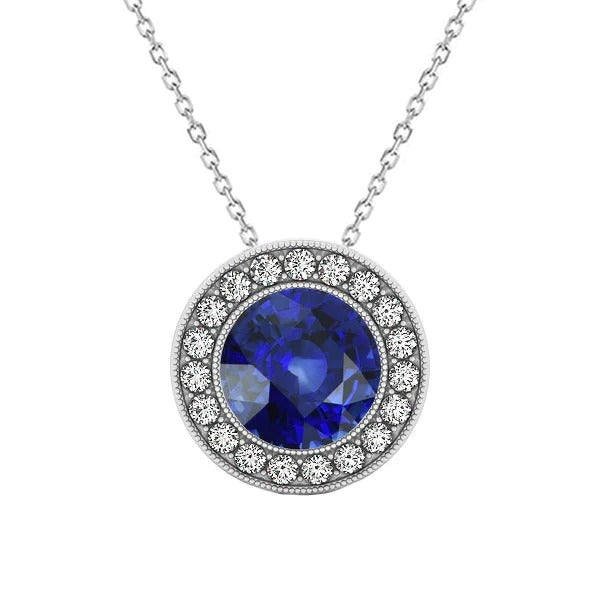 Halo Round Ceylan Sapphire & Diamond Pendant Bezel Set 3.75 quilates