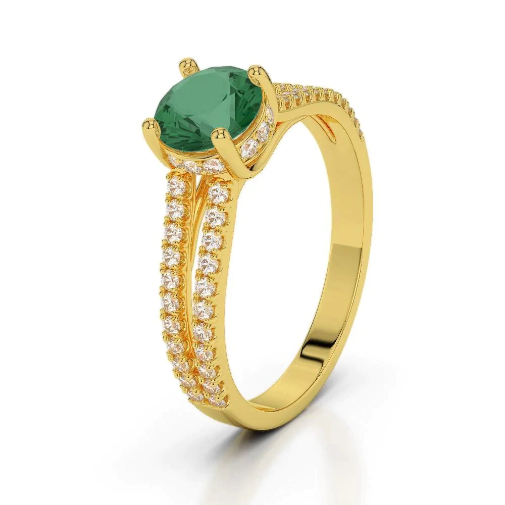 Halo caché vert émeraude avec diamant alliance or jaune 14 carats