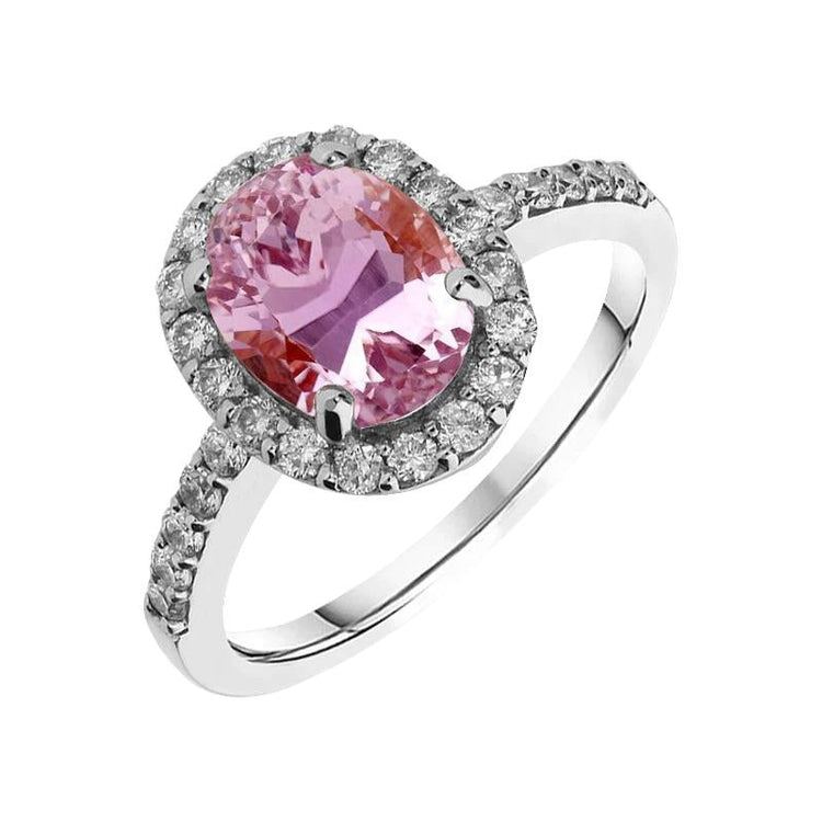 Kunzite rose taille ovale avec bague en diamant or blanc 13 ct 14K - HarryChadEnt.FR
