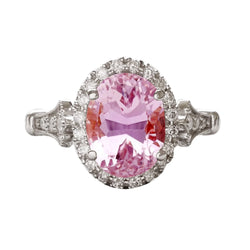 Kunzite rose taille ovale avec bague en diamant rond halo 11.50 carats WG 14K