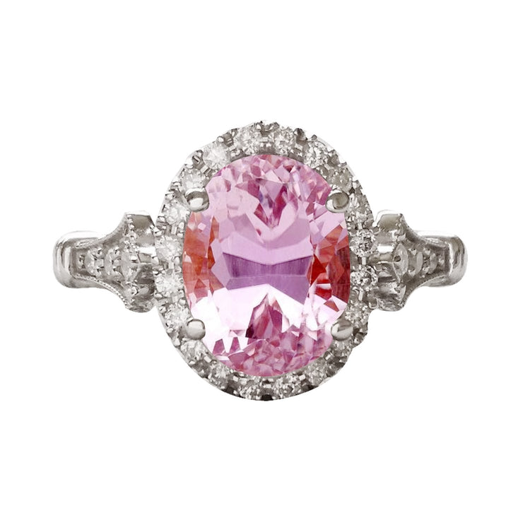 Kunzite rose taille ovale avec bague en diamant rond halo 11.50 carats WG 14K - HarryChadEnt.FR