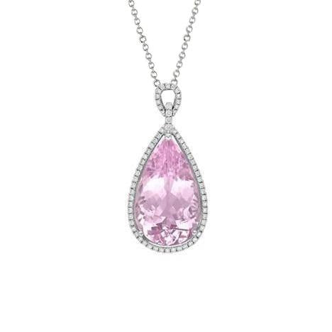 Kunzite rose taille poire 12.50 ct avec pendentif diamant or blanc 14K - HarryChadEnt.FR