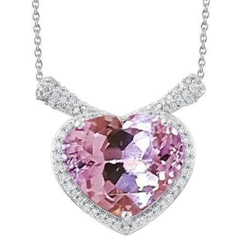 Kunzite taille coeur avec collier de diamants pendentif en or blanc 14K 32 Ct - HarryChadEnt.FR