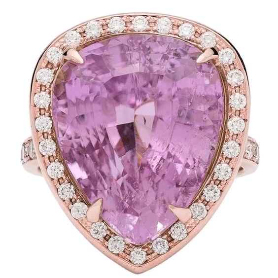 Kunzite taille poire 31 carats avec bague en diamant or 14 carats rose Nouveau - HarryChadEnt.FR