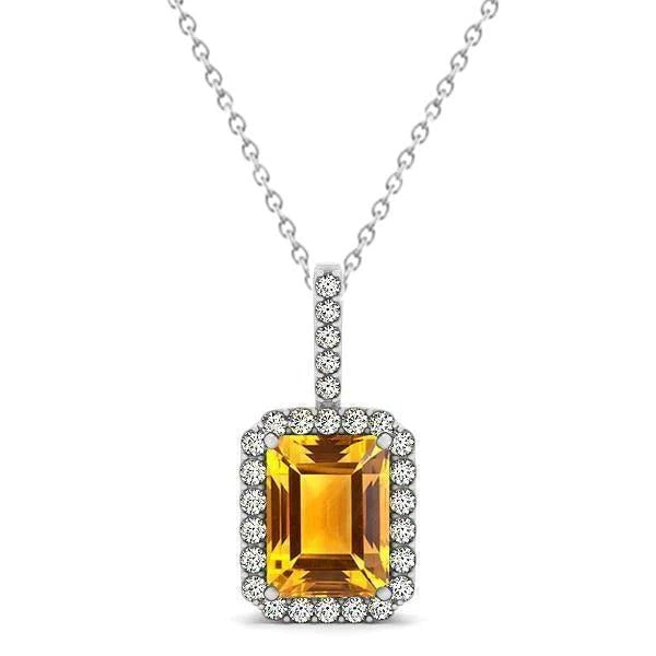 Madère Citrine Halo Diamant Pendentif Collier Or Blanc 15 Carats 14K