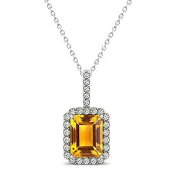Madère Citrine Halo Diamant Pendentif Collier Or Blanc 15 Carats 14K