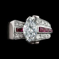 Marquise Old Cut Diamond Baguette Rubis Bague V Sertie 6,50 Carats