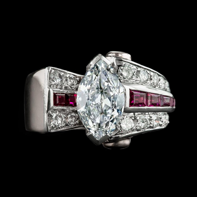 Marquise Old Cut Diamond Baguette Rubis Bague V Sertie 6,50 Carats - HarryChadEnt.FR