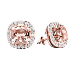 Morganite Avec Diamants 12.70 Carats Boucles D'oreilles Clous Or Rose 14K
