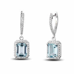 Nouvelles Boucles D'Oreilles Pendantes Dames 18 Ct Aigue-Marine Et Diamants