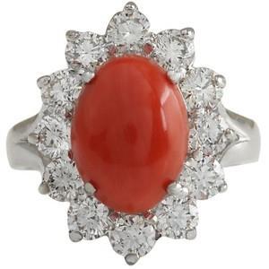 Or blanc 16.50 ct. Bague Solitaire Accent Corail Rouge & Diamants - HarryChadEnt.FR