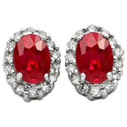 Paire de boucles d'oreilles pour dames en or avec rubis rouges et grappes de diamants taille ovale 9 ct