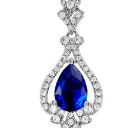 Pendentif Ceylan Saphir Diamant 14K Or Blanc 1.90 Ct Taille Poire