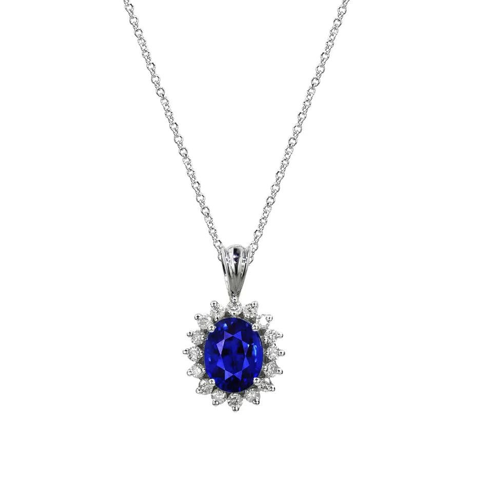 Pendentif & Chaîne Halo Diamant Rond et Saphir de Ceylan Ovale 1.50 quilates