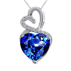 Pendentif Coeur Bleu Saphir Et Diamant Rond Or Blanc 14K 3 Ct