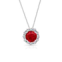 Pendentif Collier Diamant Rubis Rouge Taille Ronde 2.25 Carats Or Blanc 14K
