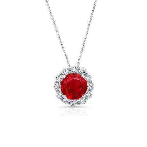 Pendentif Collier Diamant Rubis Rouge Taille Ronde 2.25 Carats Or Blanc 14K - HarryChadEnt.FR