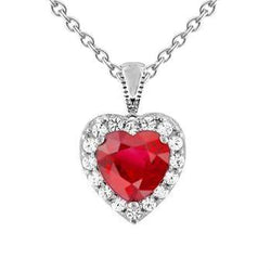Pendentif Collier Rubis Rouges & Diamants Taille Coeur Or Blanc 2.70 Carats