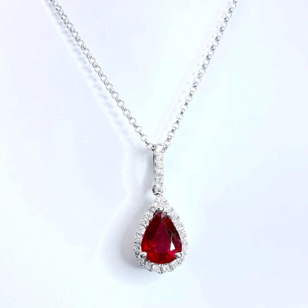 Pendentif Collier Rubis Taille Poire Et Diamants 4 Carats Or Blanc 14K - HarryChadEnt.FR