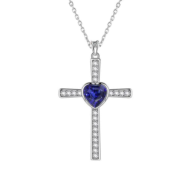 Pendentif Croix Lunette Coeur Saphir de Ceylan & Diamant Rond 2 quilates