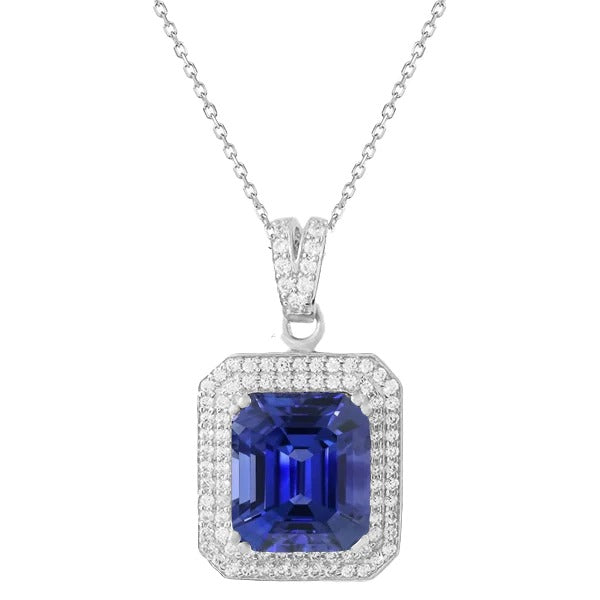 Pendentif Diamant Double Halo Émeraude Saphir de Ceylan 3.75 quilates