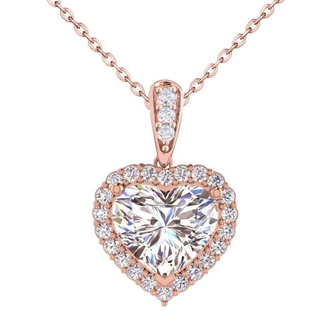Forme de coeur Halo Diamant Pendentif Bijoux Femme 2.75 Carats Or Rose 14K