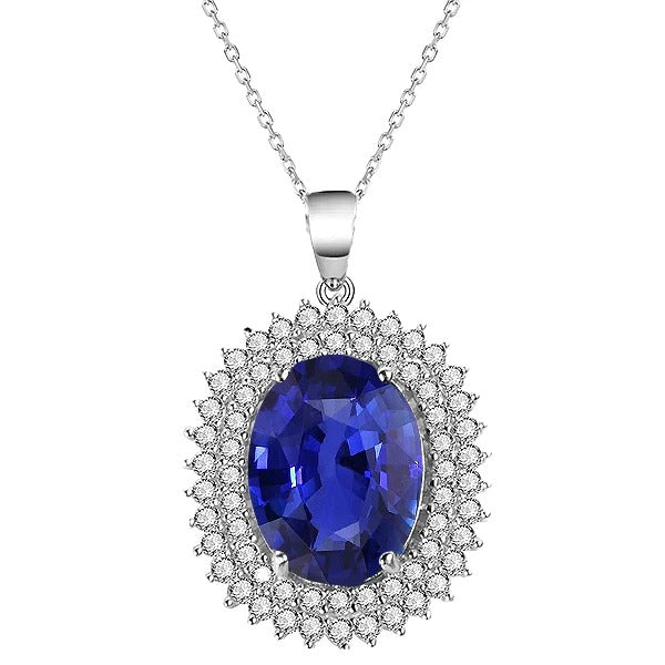 Pendentif Double Halo Ovale Saphir Bleu Foncé & Diamant 4.75 quilates