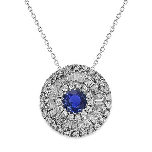 Pendentif Double Halo Saphir Bleu & Diamant Style Vintage 4.25 quilates
