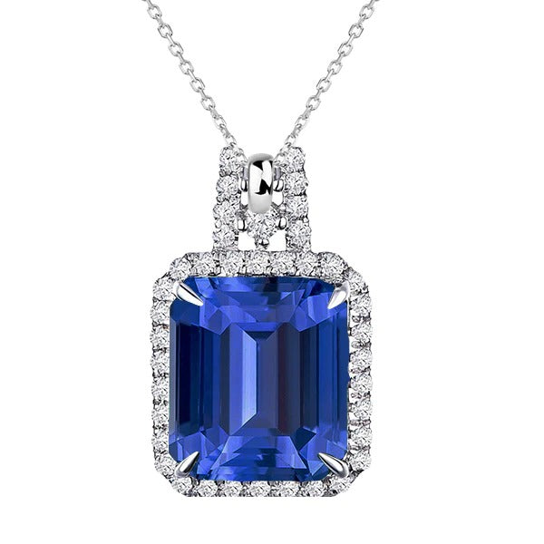 Pendentif Emerald Blue Sapphire Halo & Diamond 4 Prong Set 5.75 quilates