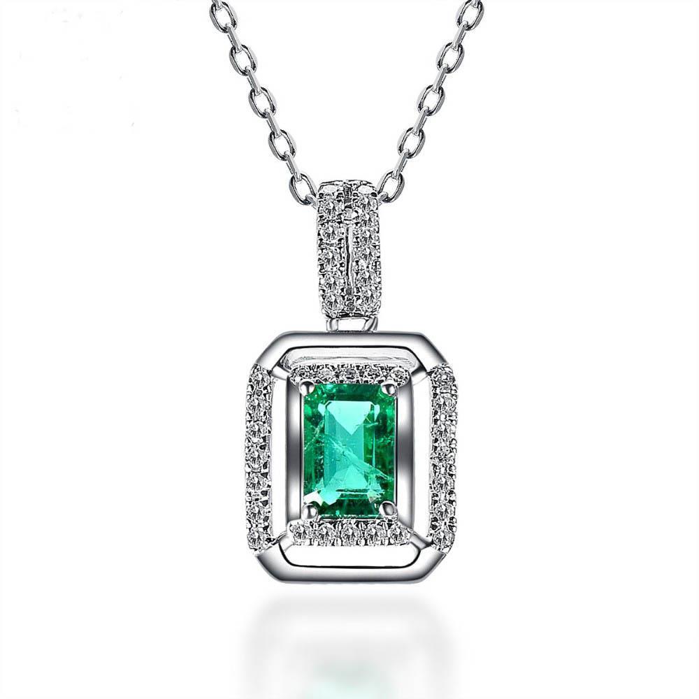 Pendentif Émeraude Verte & Diamant Avec Chaîne 6.75 Carats Or Blanc 14K - HarryChadEnt.FR