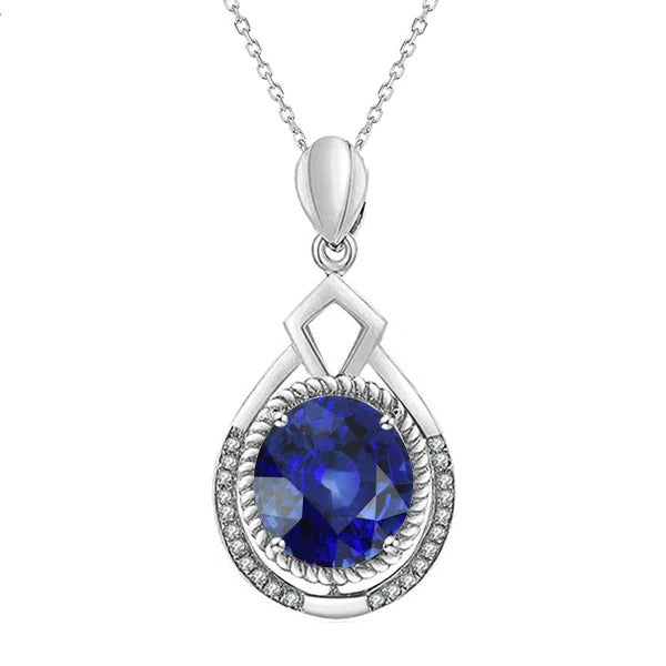 Pendentif Fantaisie Rond Saphir Bleu Naturel & Diamant 2.75 quilates