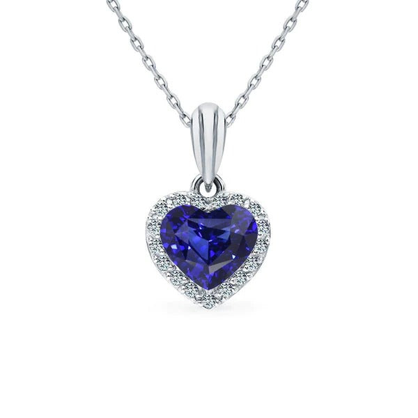 Pendentif Femme Coeur Saphir Bleu & Halo de Diamants 1.75 quilates