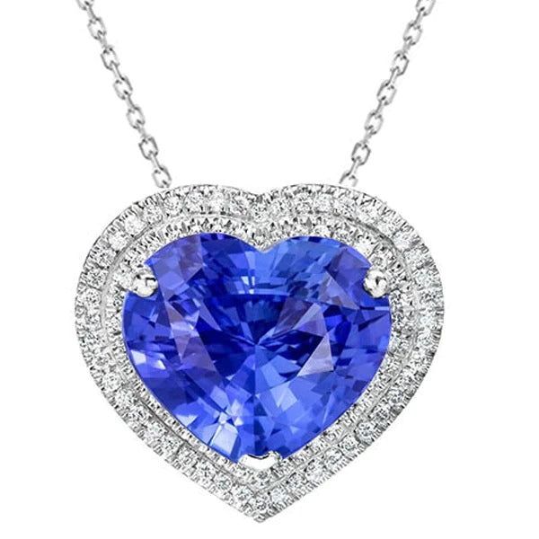 Pendentif Halo Coeur Saphir Bleu Clair Diamant Or 8 quilates