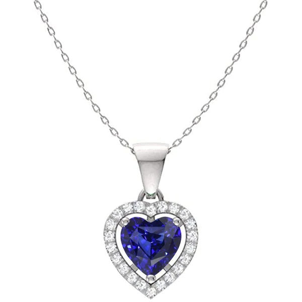 Pendentif Halo Coeur Saphir Bleu & Diamant Rond Or 2 quilates 14K