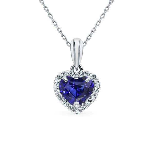 Pendentif Halo Coeur Saphir Ceylan & Diamant Rond Avec Chaîne 2 quilates