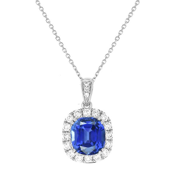 Pendentif Halo Coussin Saphir Bleu Naturel & Diamant 2.75 quilates