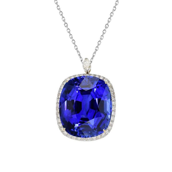 Pendentif Halo Coussin Saphir Bleu Naturel & Diamant 6.50 quilates