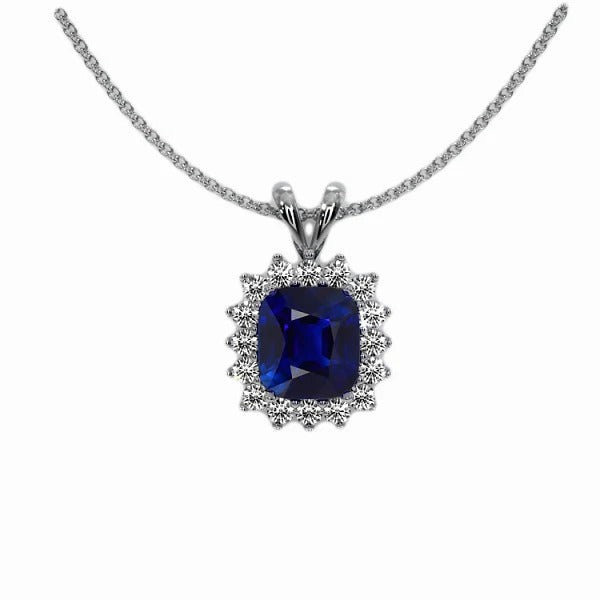 Pendentif Halo Cushion Srilankan Sapphire Gemstone Diamond 2 quilates